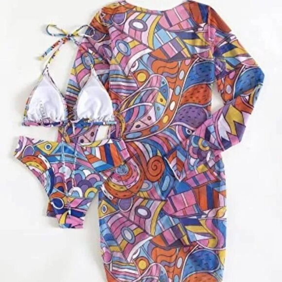 SOLY HUX 3 piece Printed Triangle Halter Bikini Bathing Suit cover up set MED - Picture 3 of 4